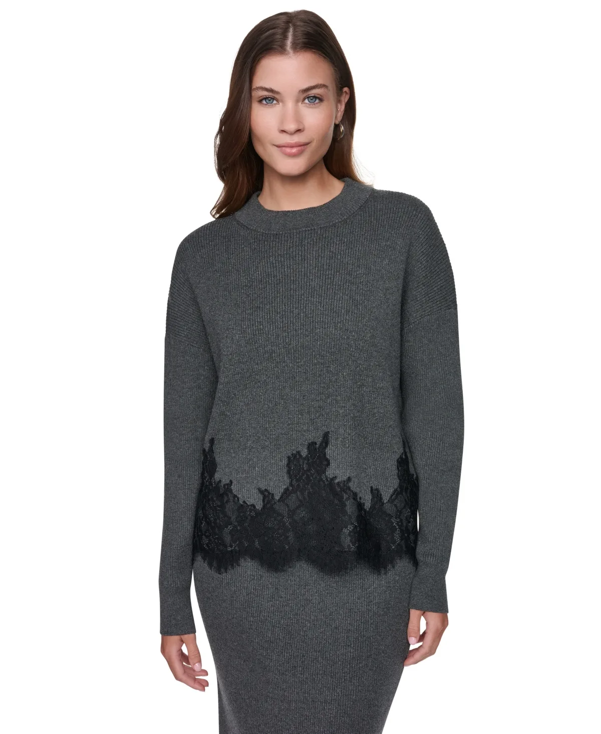 Lace-Trim Long-Sleeve Loose-Fit Sweater by DKNY