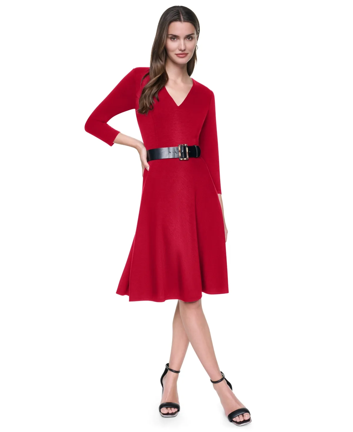 Long Sleeve V-Neck Belted Fit and Flare Midi Dress