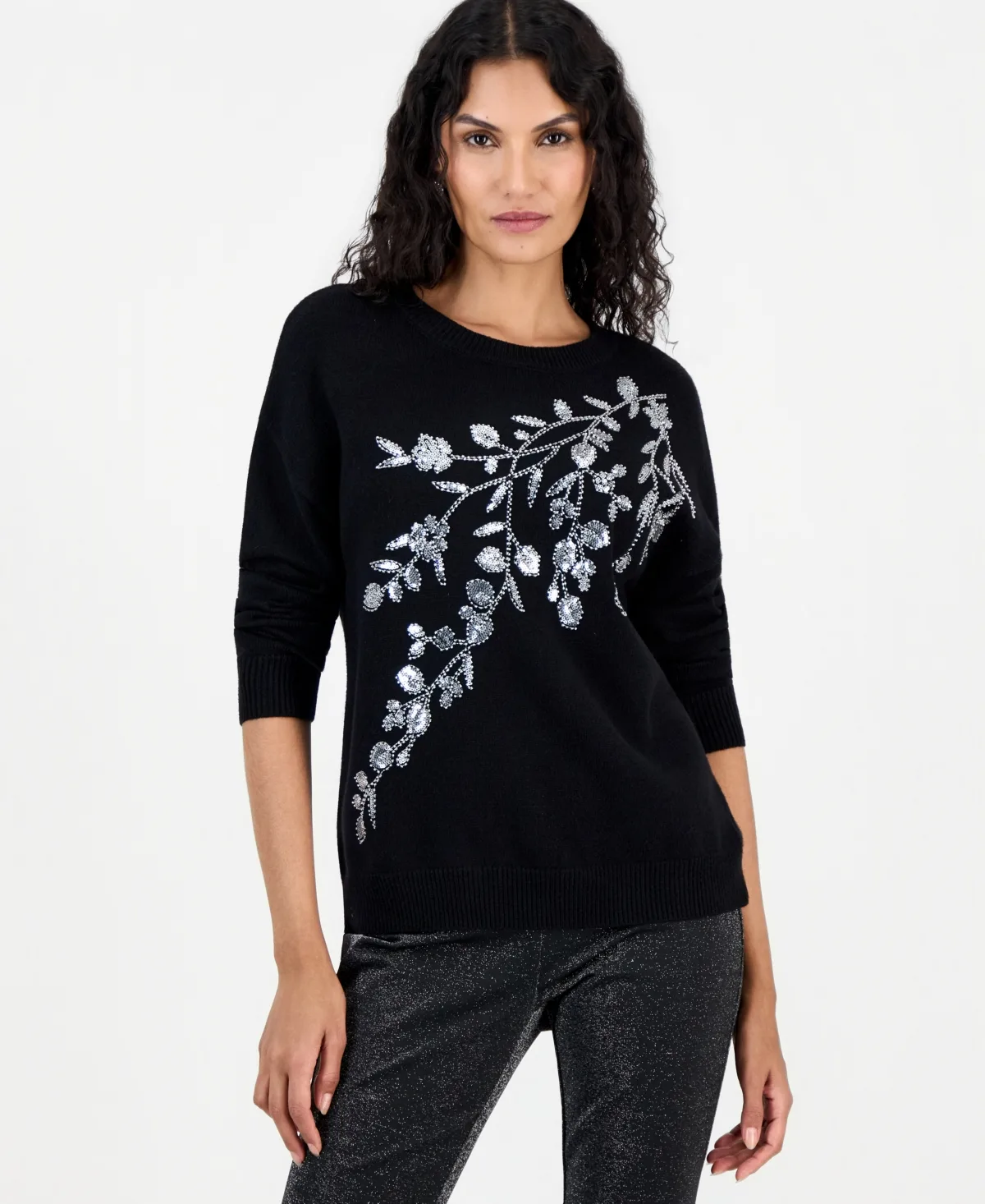 Floral-Sequin and Bead Dropped-Shoulder Sweater by Tahari