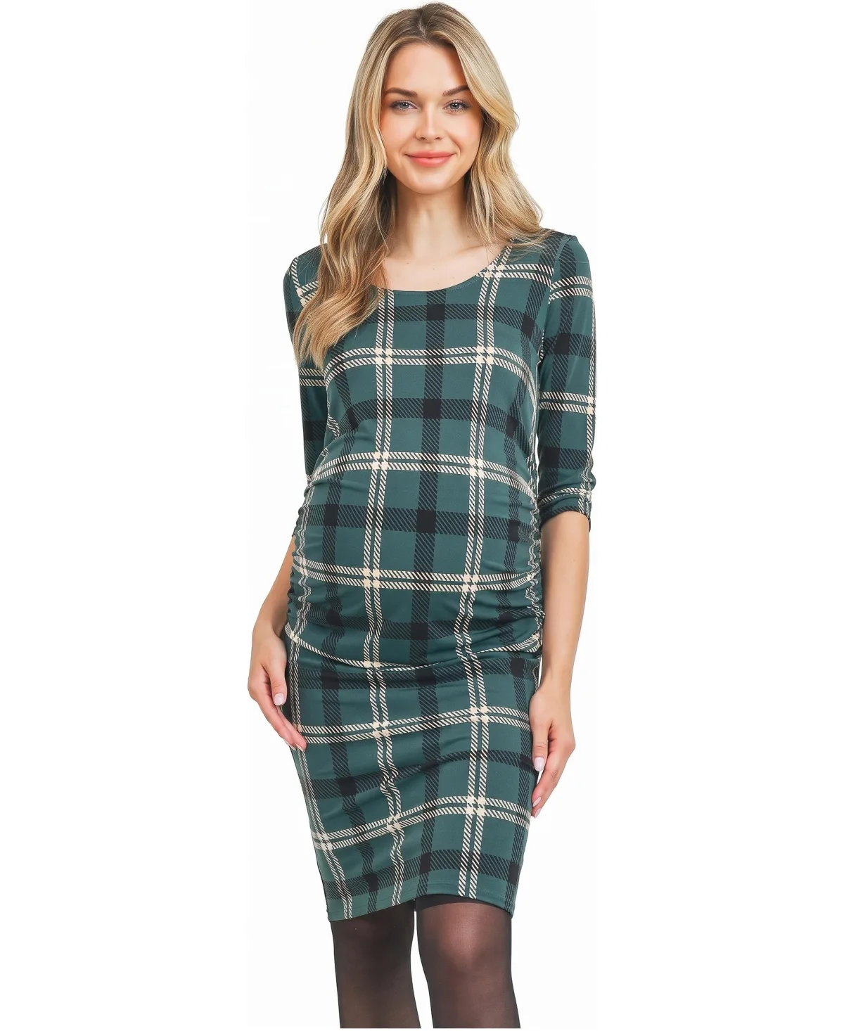 Maternity Bodycon Plaid 3/4-Sleeve Dress by Hello Miz