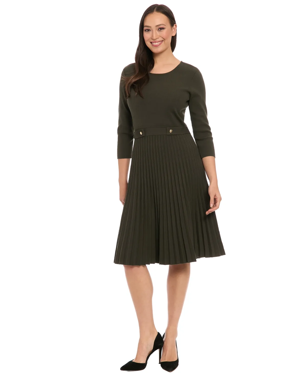 3/4-Sleeve Pleated Fit & Flare Dress by London Times