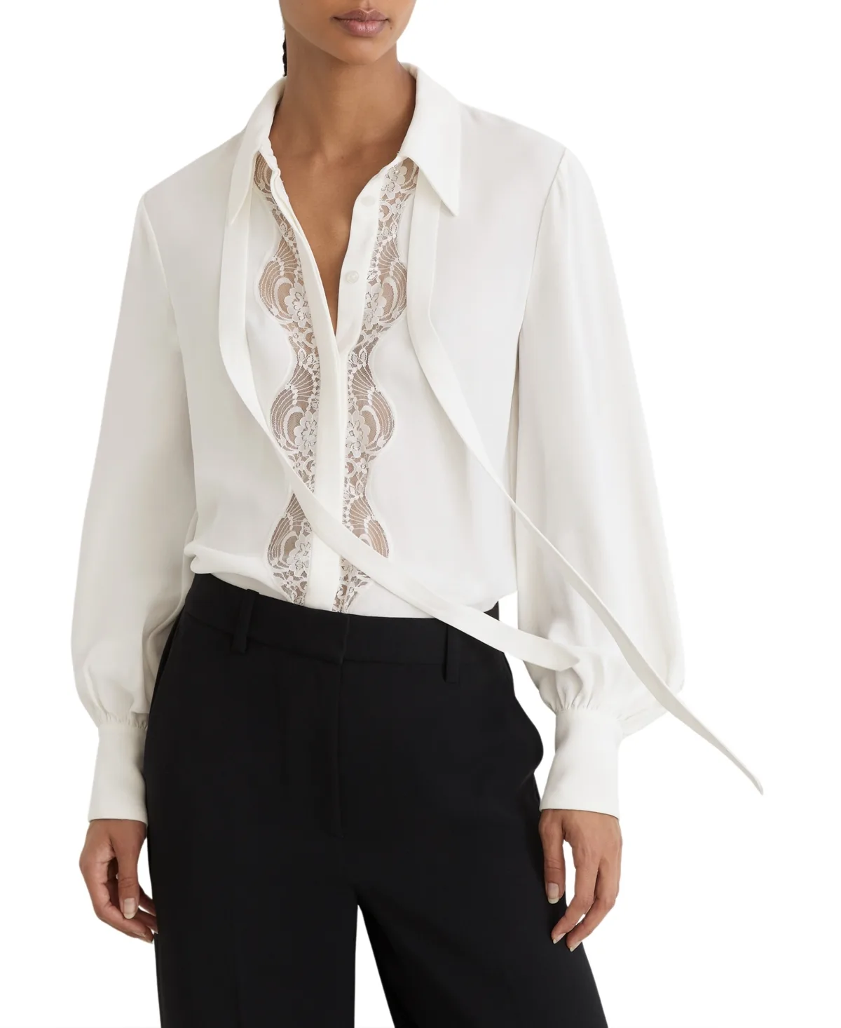 Estelle Lace-Trim Tie-Neck Blouson Shirt