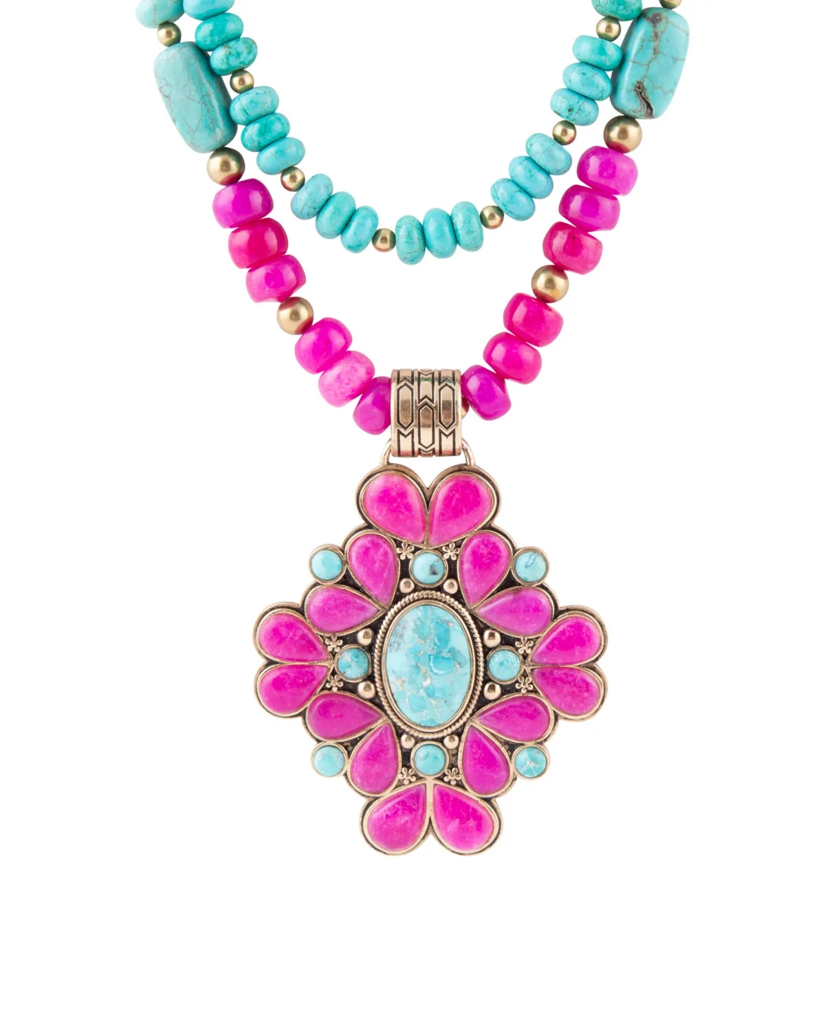 Imitation Pearl, Blue Turquoise and Brown Smoky Quartz Layered Barcelona Pendant Necklace by Barse