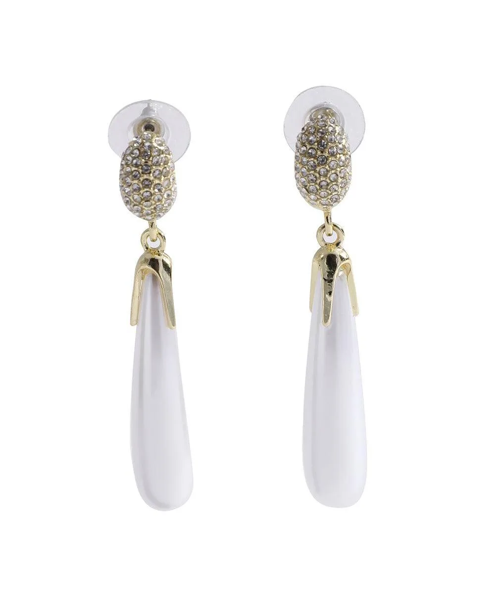 White Faux Pearl Elongated Gold-Plated Drop Earrings by Sohi