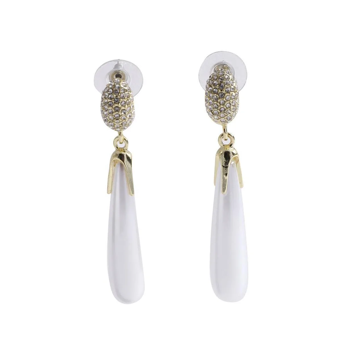 White Faux Pearl Elongated Gold-Plated Drop Earrings by Sohi