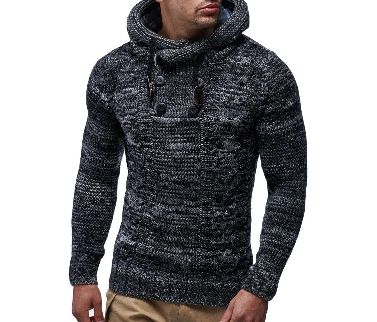 Knit Hoodie Sweater with Button Accents - Cable Knit Design by Leif Nelson