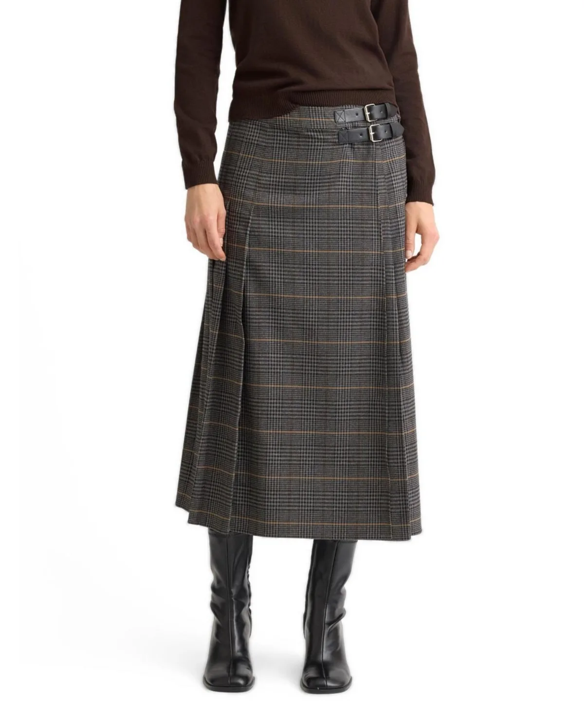 Plaid A-Line Pleated Midi Skirt by Albaray