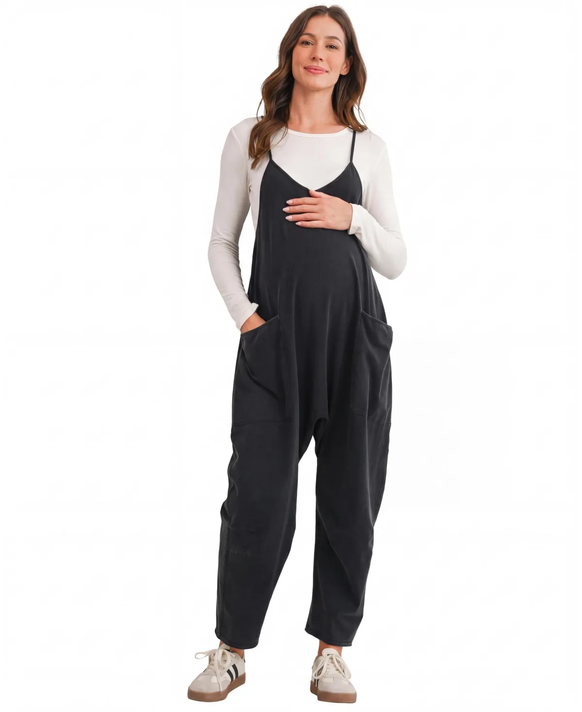Maternity V-Neck Cotton-Blend Overall Jumpsuit with Oversized Front Patch Pockets by Hello Miz