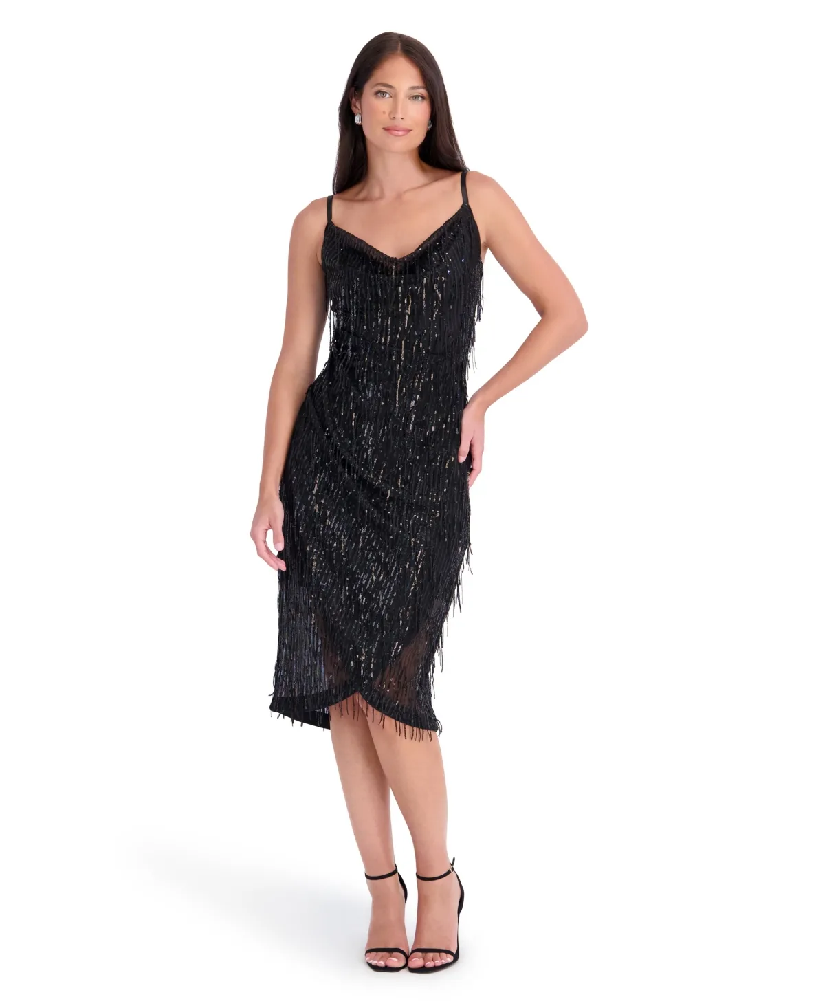 Fringe Mesh Sequin Cowl Neck Dress by Siena
