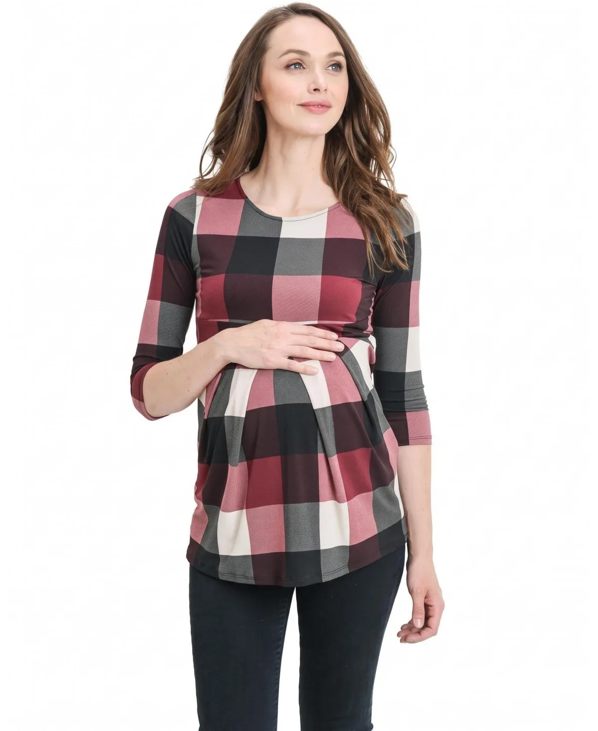 Plaid Front-Pleated Three-Quarter-Sleeve Top by Hello Miz