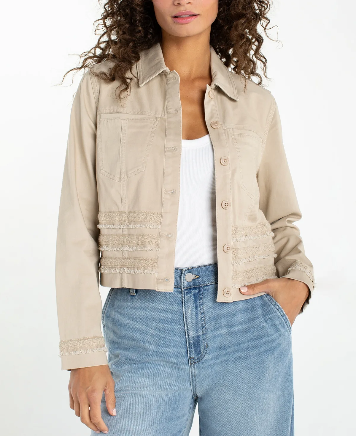 Fray and Lace Trim Collared Trucker Jacket by Liverpool Los Angeles
