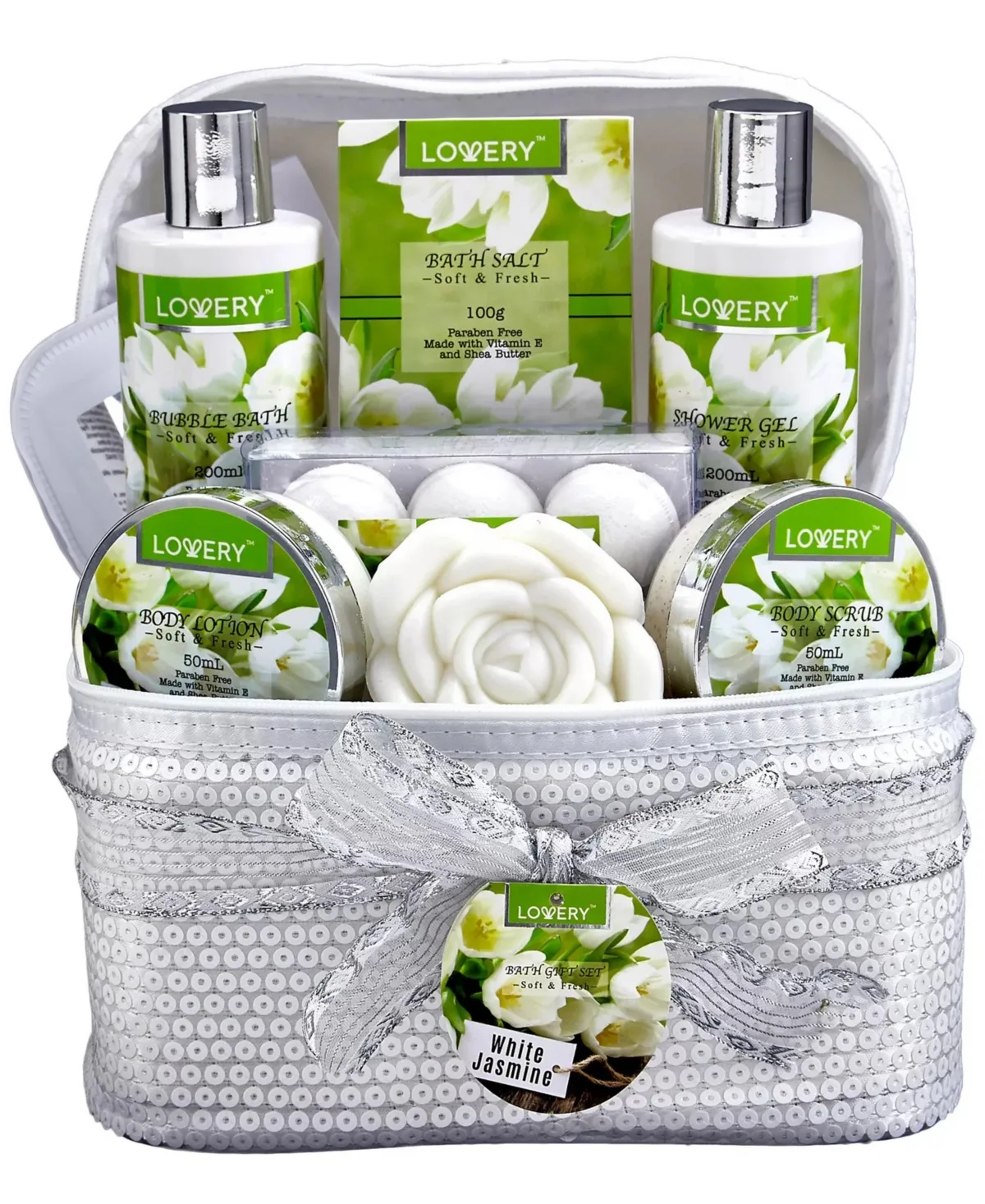 White Jasmine Bath and Body Gift Set, Luxury Spa Gift Set, Fragrance and Self Care Skin Care Set with Cosmetic Bag by Lovery
