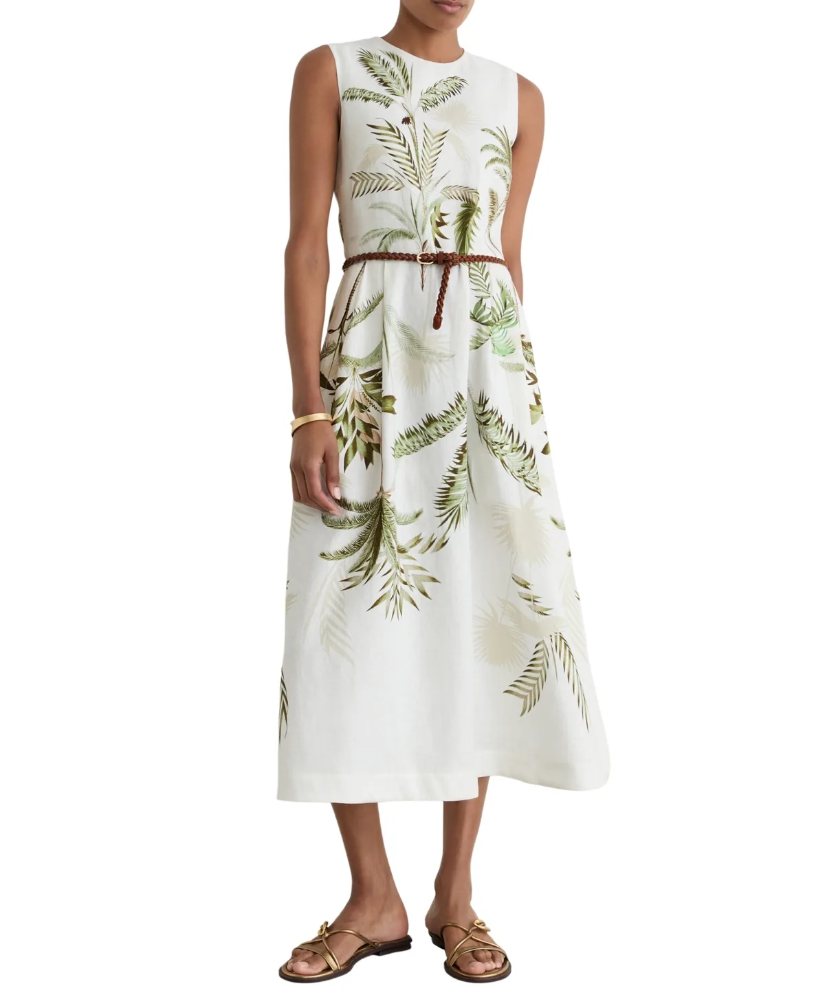 Palma Linen Palm-Print Sleeveless Midi Dress by Reiss