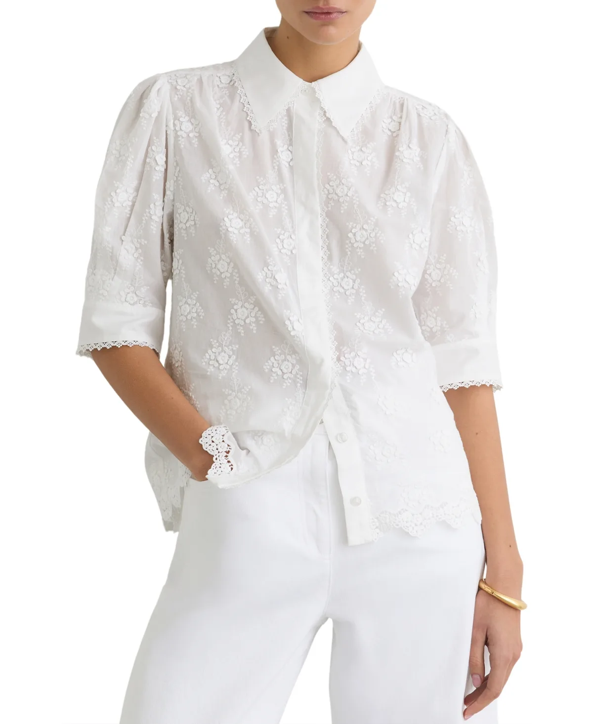 Edwina Embroidered Point Collar 3/4-Sleeve Cotton Shirt by Reiss