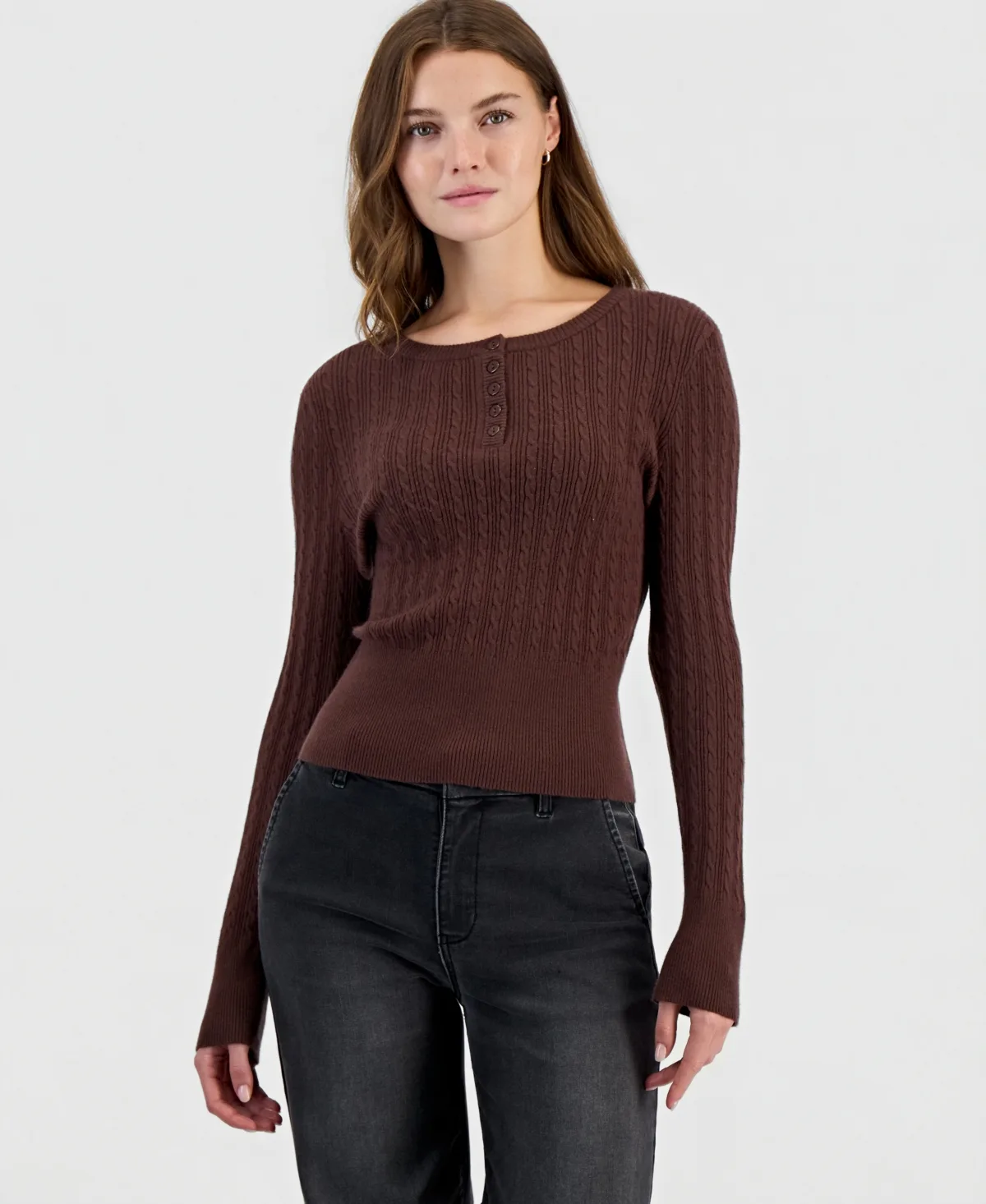 Cable-Knit Henley Long-Sleeve Sweater by Hooked Up by Iot