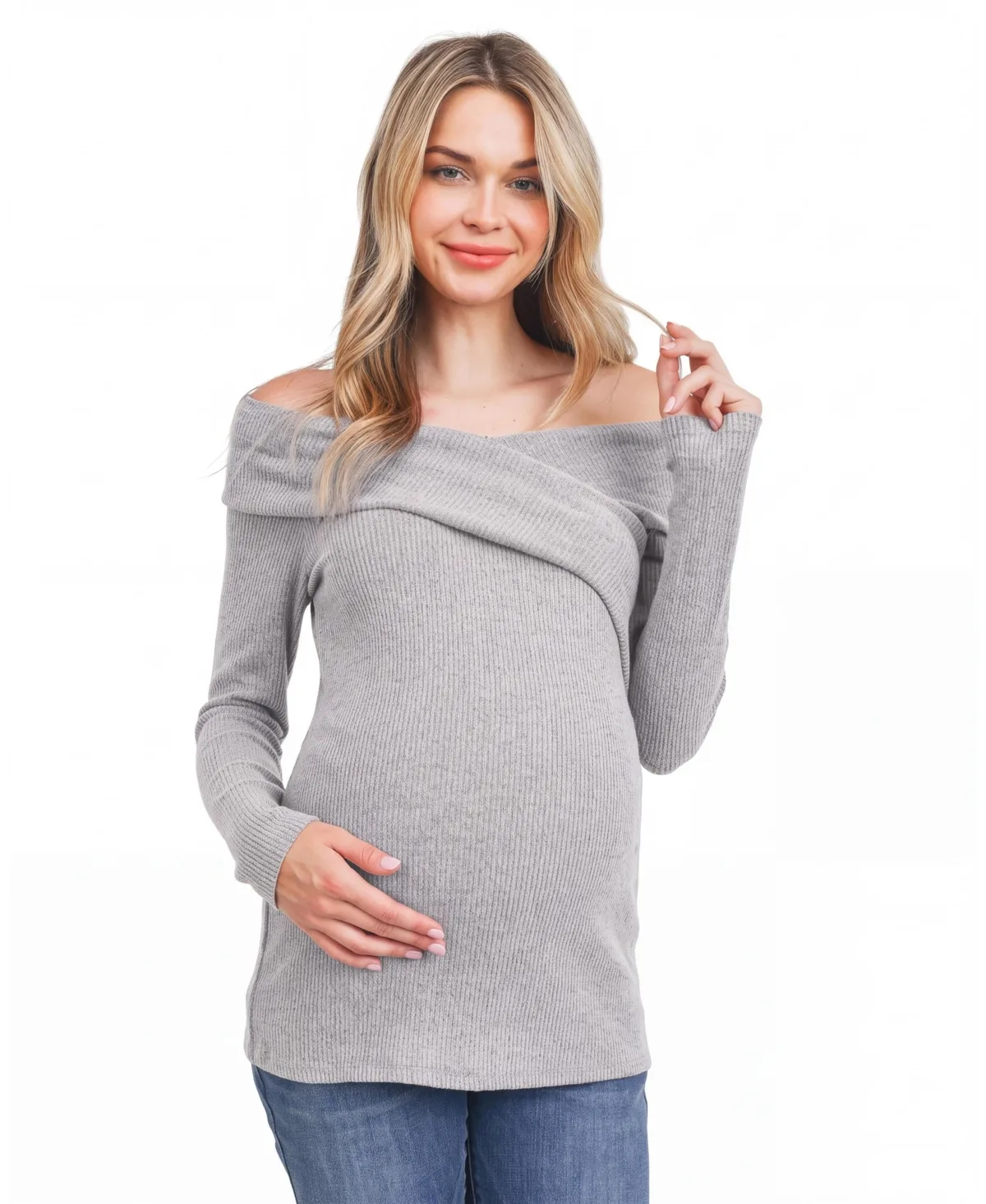 Maternity Two-Tone Off-the-Shoulder Long-Sleeve Sweater by Hello Miz