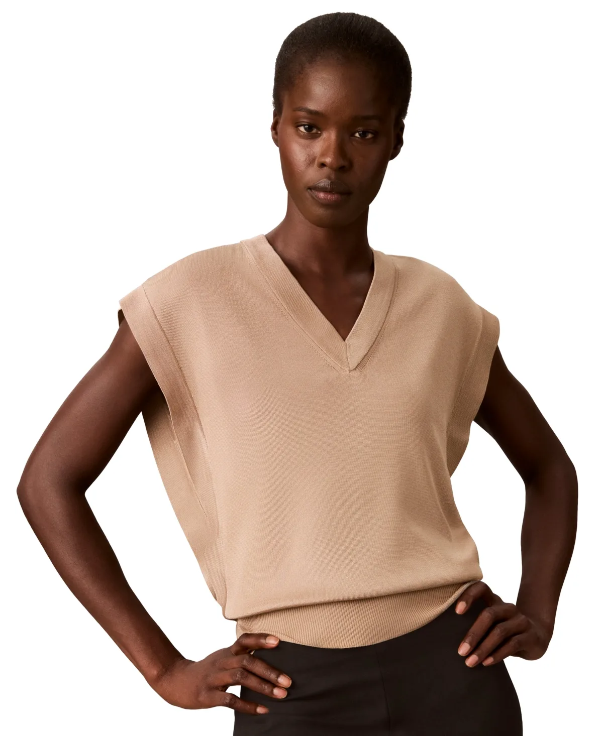 Extended Shoulder V-Neck Sleeveless Fine Gauge Sweater Vest