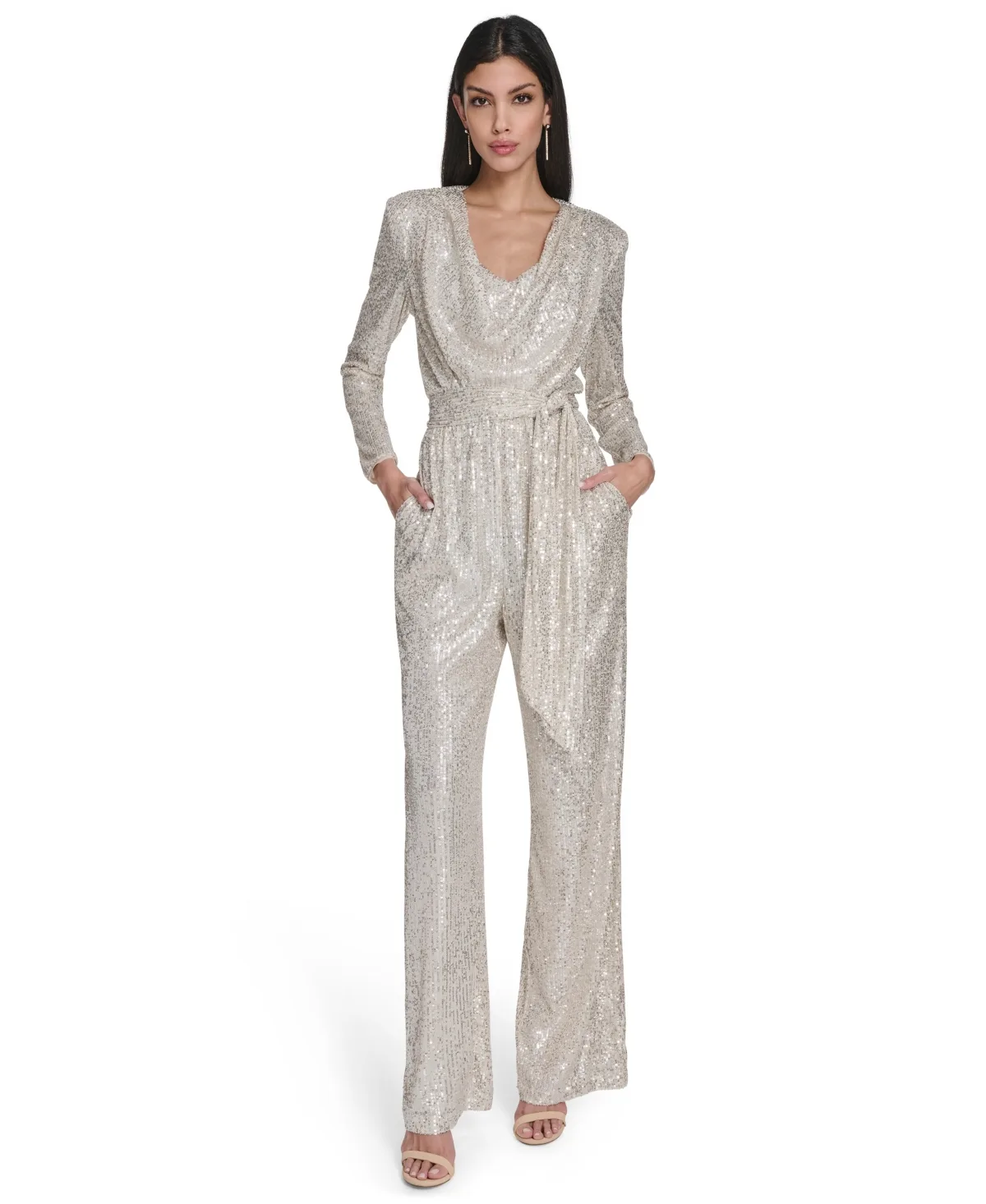 Long-Sleeve Drape-Neck Wide-Leg Jumpsuit by Eliza J