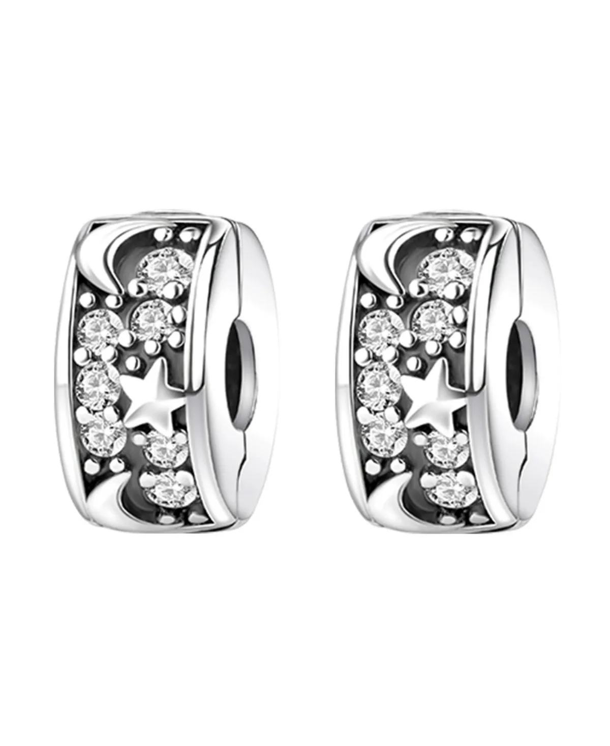 Sterling Plated Charm Beads for Bracelets Necklaces Diy Jewelry Making - 2pcs Silver Star Moon Pave Clips by Aeelike