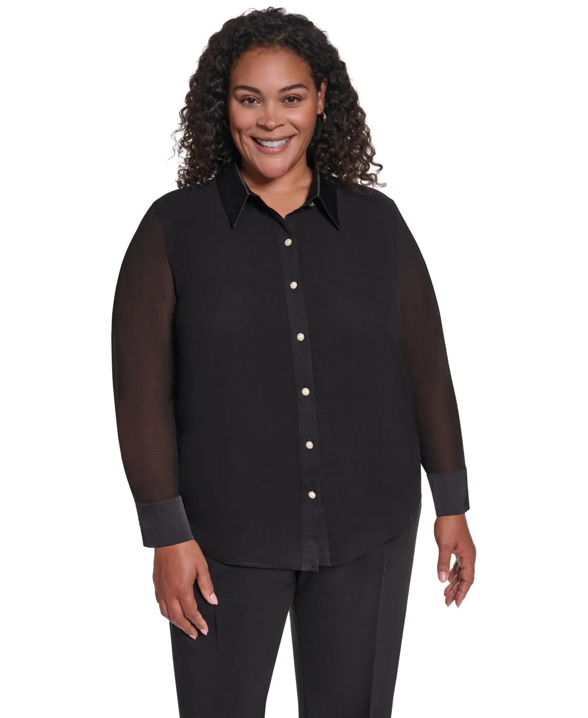 KL2056 Button-Up Long-Sleeve Sheer Blouse by Karl Lagerfeld