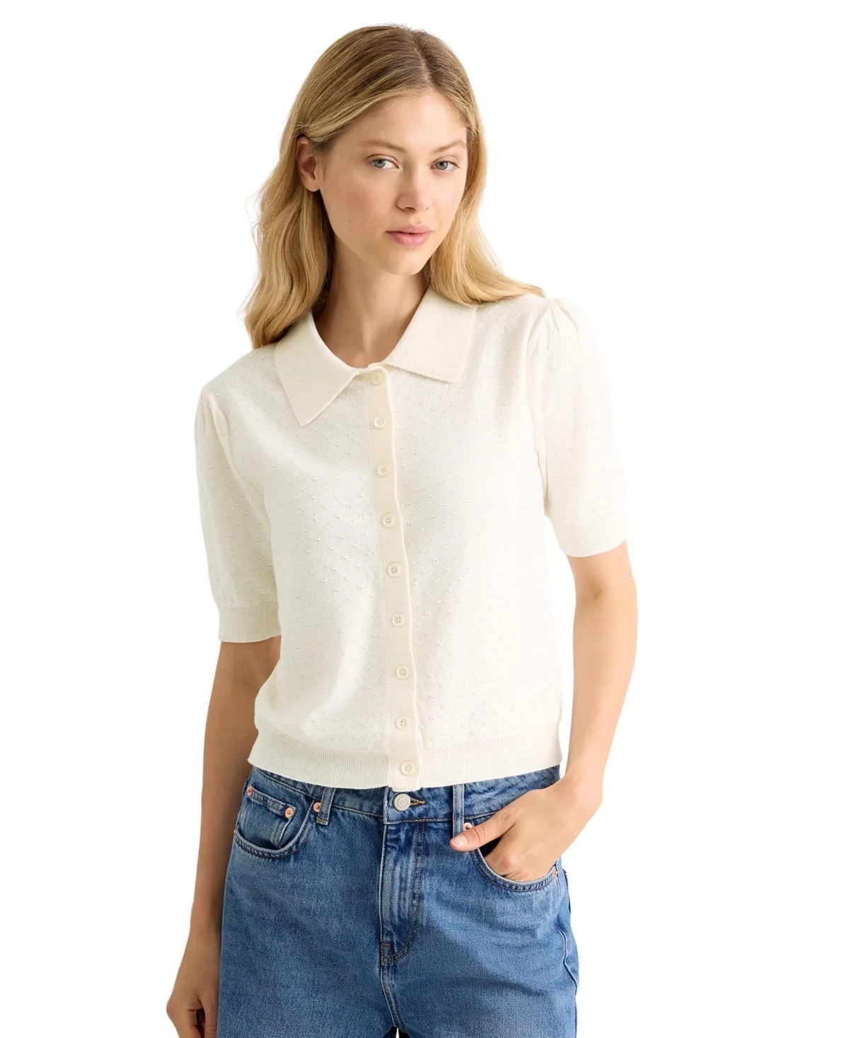 Short Sleeve Pointelle Button Polo Top by Albaray