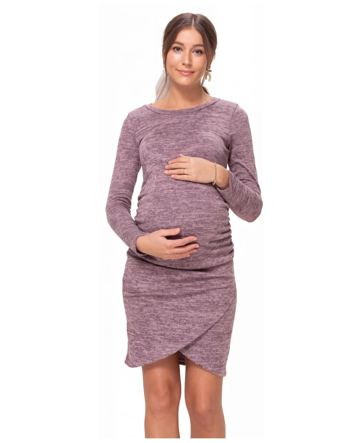 Long-Sleeve Ruched Hacci-Knit Tulip-Hem Dress