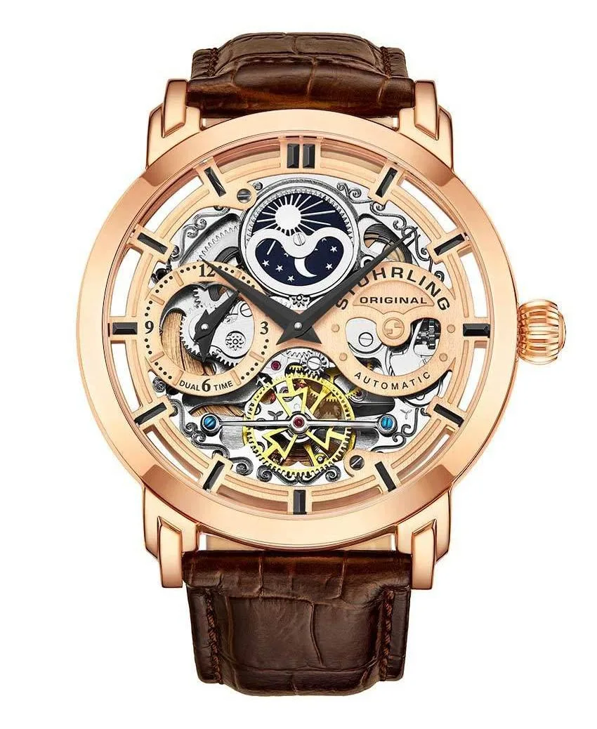 Automatic Skeleton Dual-Time Leather Watch, 47mm by Stuhrling