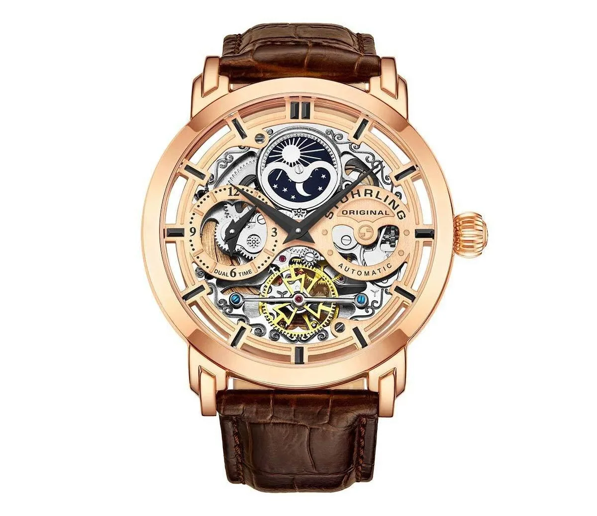 Automatic Skeleton Dual-Time Leather Watch, 47mm by Stuhrling