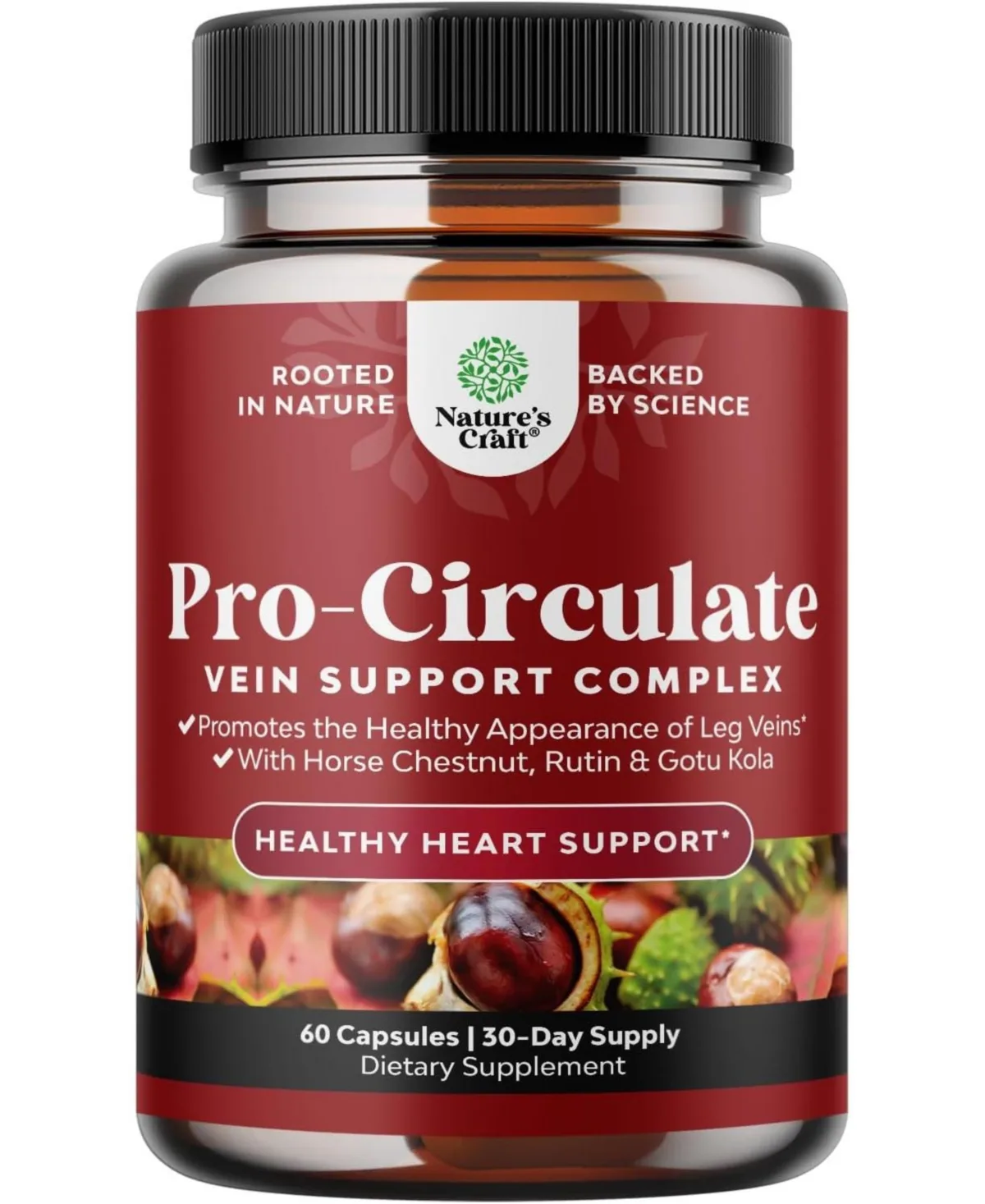 Vein Support Supplement with Horse Chestnut, Vitamin E, Gotu Kola, Rutin and Grapeseed Extract - Non-Gmo Capsules - 60 Count by Natures Craft