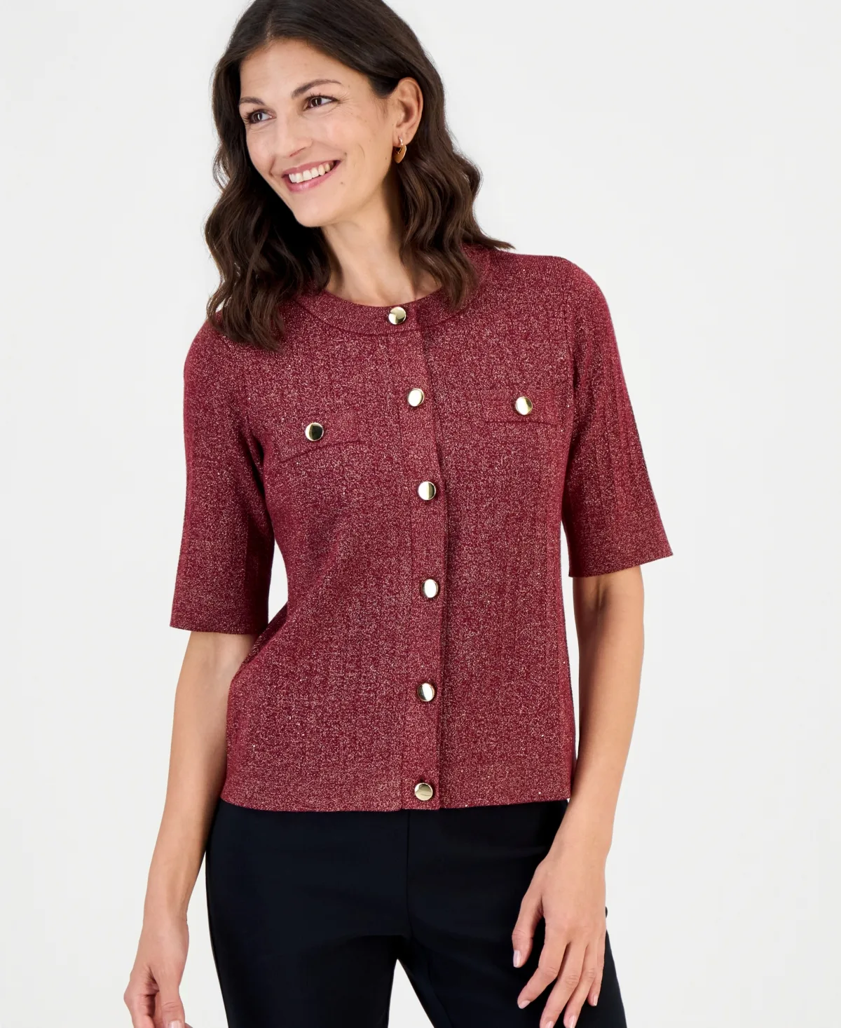 Lurex Pointelle Short-Sleeve Cardigan Sweater