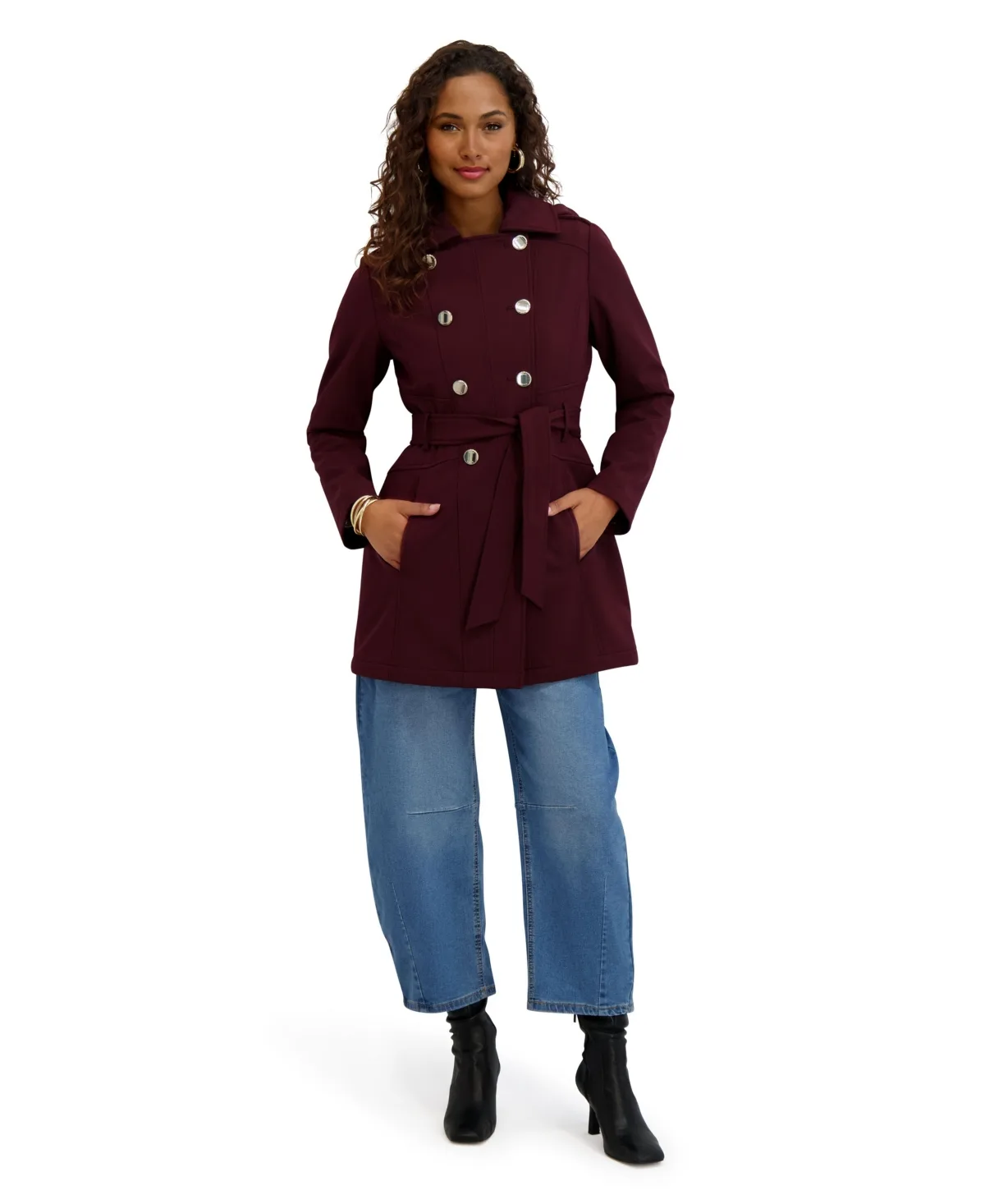Double-Breasted Softshell Coat with Hood and Self-Tie Belt