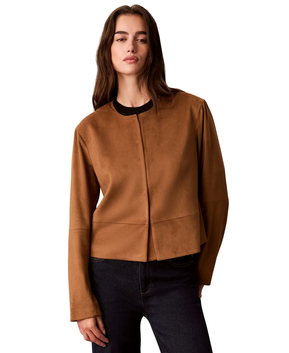 Seamed Crewneck Cropped Faux Suede Jacket by Calvin Klein