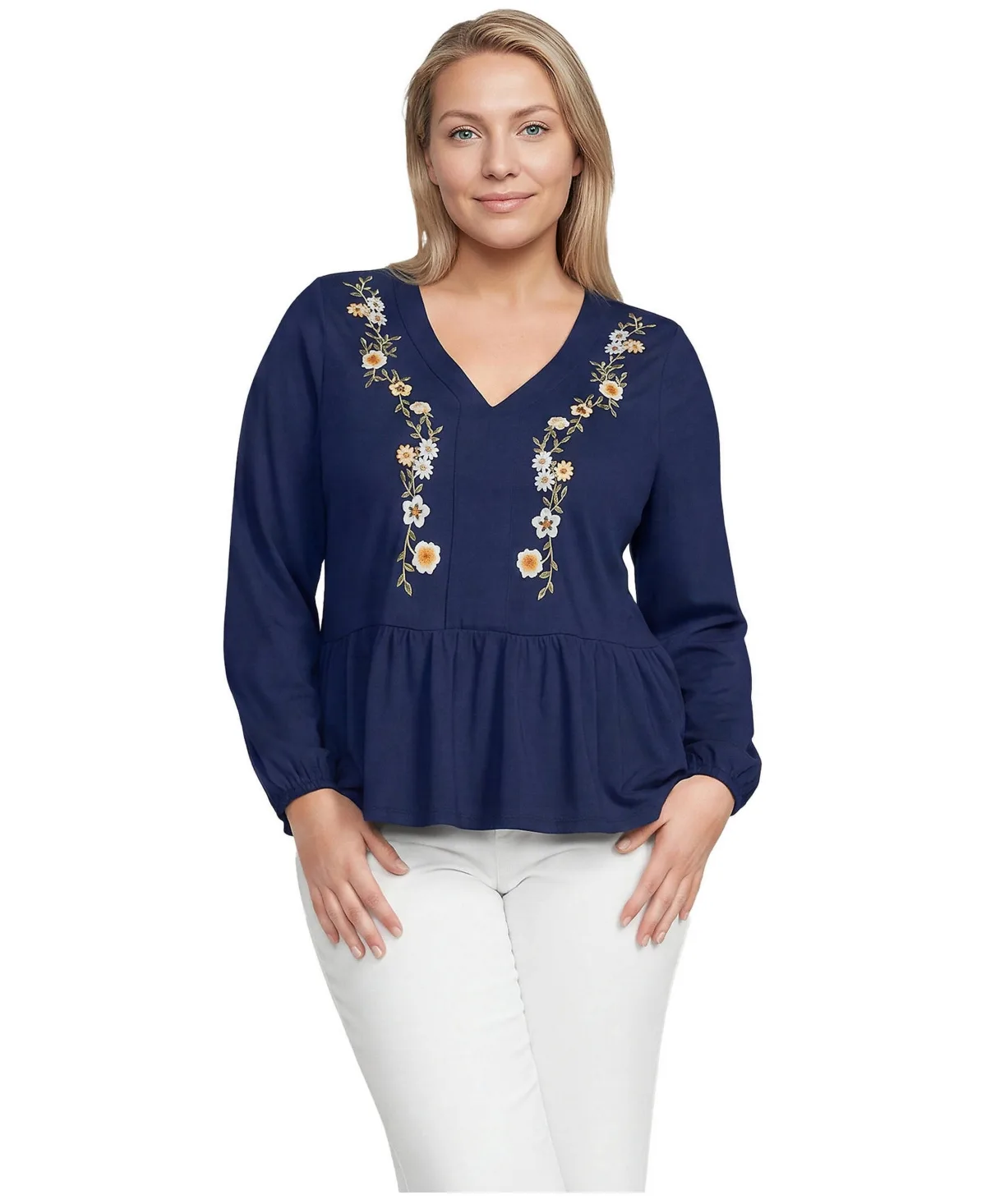 Puff-Sleeve V-Neck Embroidered Blouse