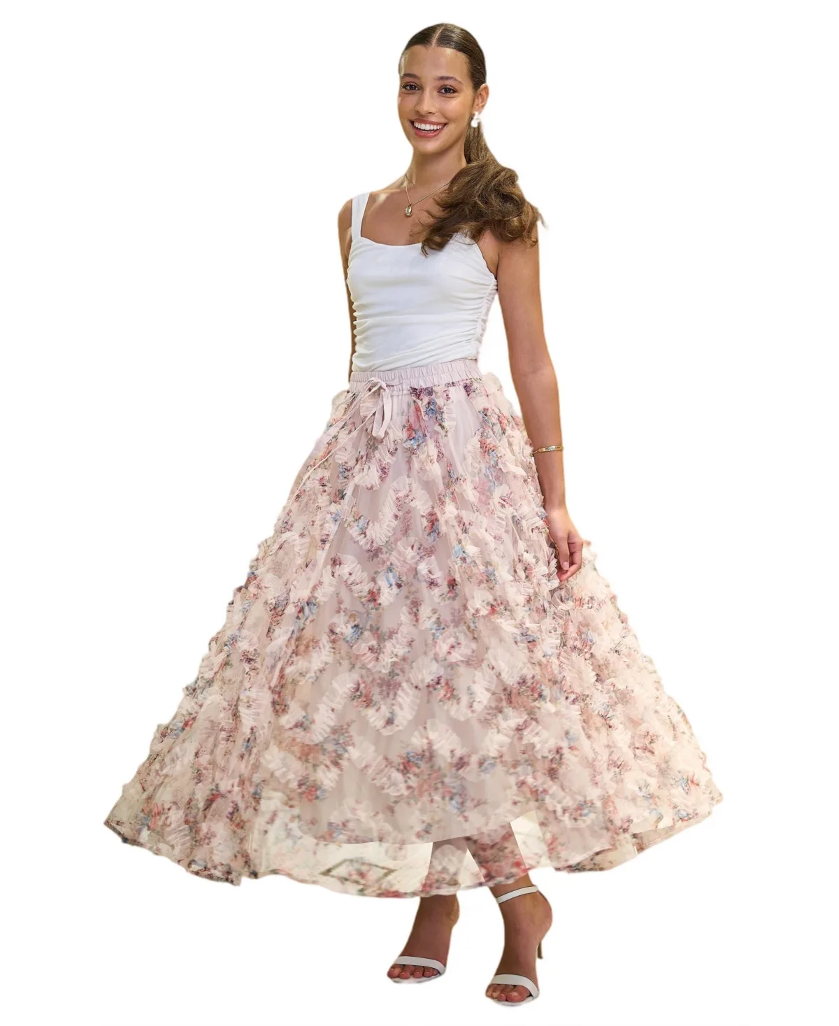 Floral Ruffle Mesh Midi Skirt
