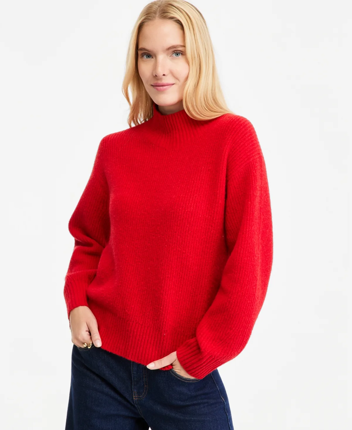 Mock-Neck Relaxed Barrel Sleeve Sweater
