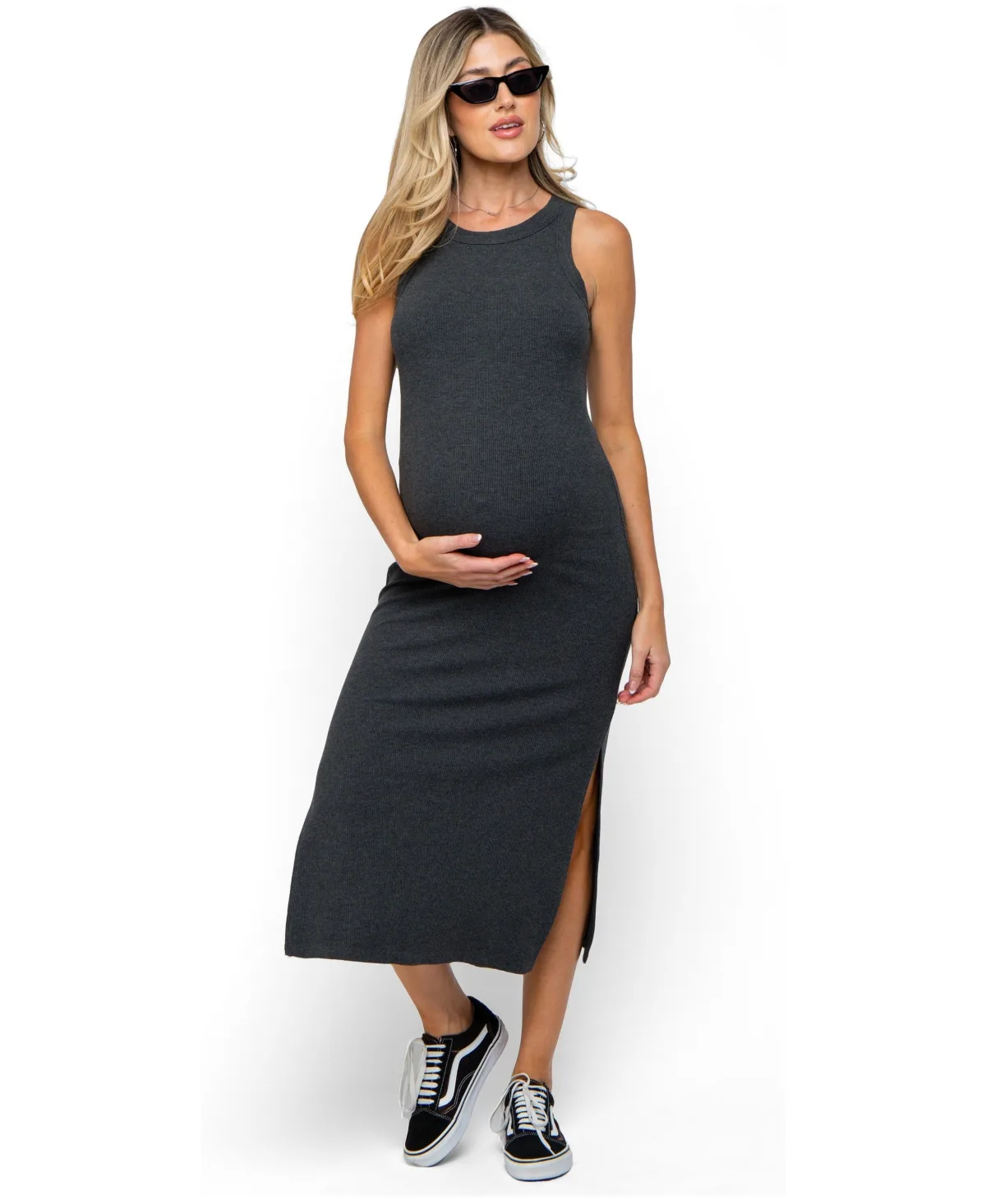 Taupe Ribbed Side Slit Tank Dress by PinkBlush