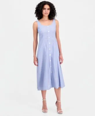 Linen Blend Sleeveless Button Front a Line Dress by Anne Klein