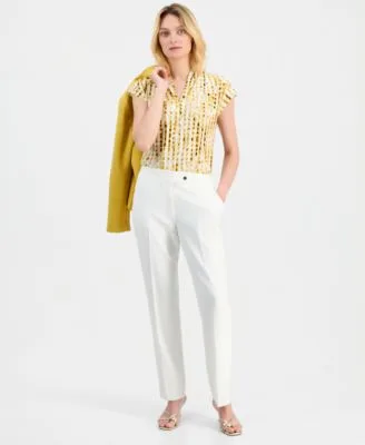 Notch Collar One Button Blazer V Neck Pull on Blouse Mid Rise Straight Leg Pants by Kasper