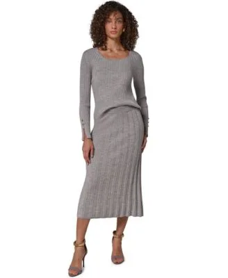 Merino Wool Boat Neck Ribbed Long Sleeve Sweater Rib Stitch High Waisted a Line Wool Skirt by Donna Karan New York