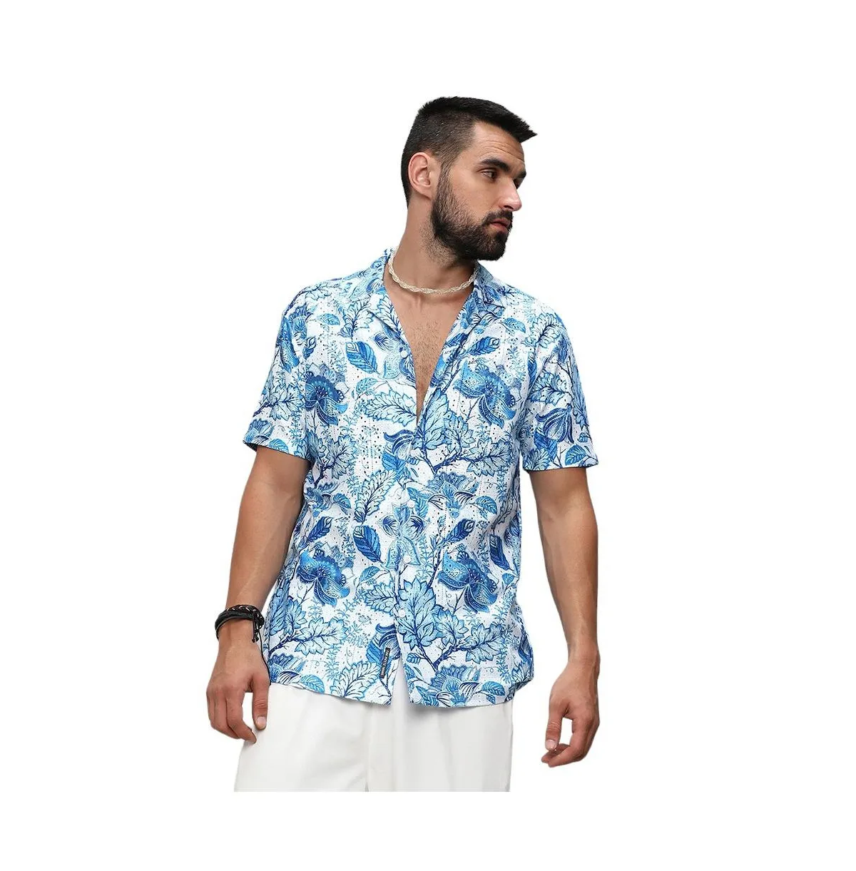 Chalk White:Indigo Blue Mesh Foliage Shirt by Campus Sutra
