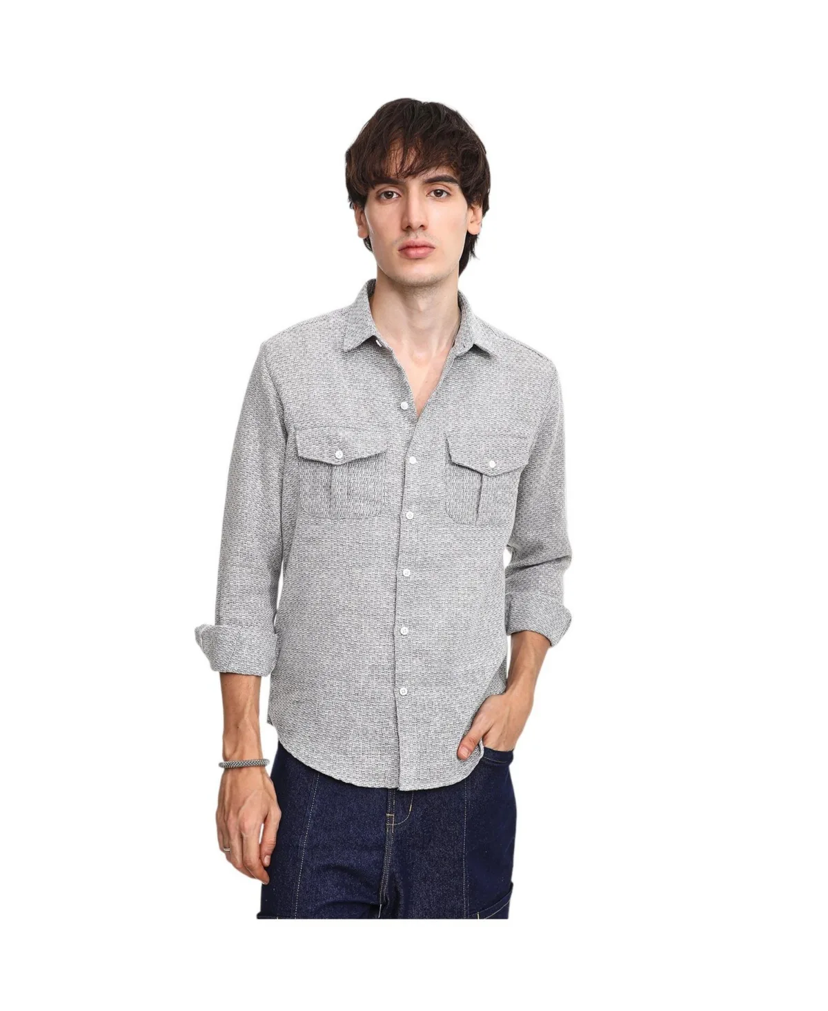 Ash Grey & Ivory White Basket-Weave Shirt by Campus Sutra