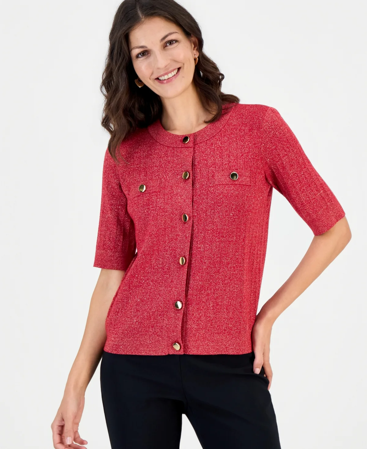 Lurex Pointelle Short-Sleeve Cardigan Sweater