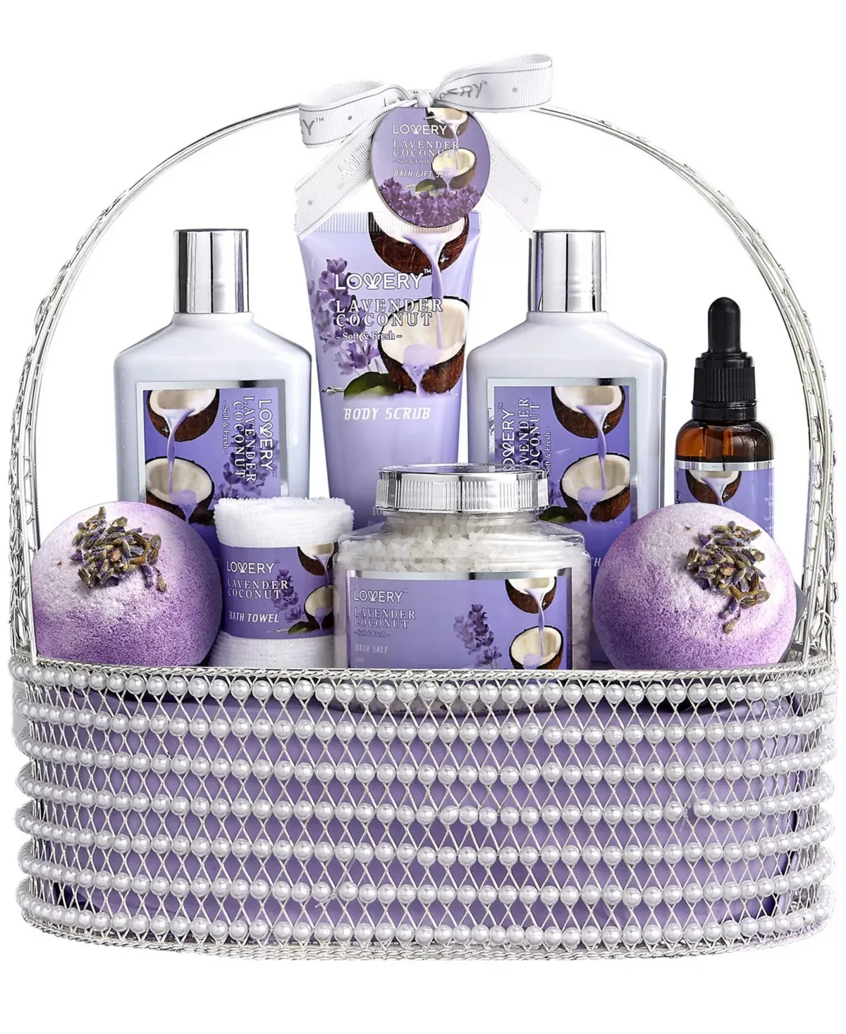 Lavender and Coconut Bath Gift Set, Luxury Spa Gift Set, Fragrance and Self Care Skin Care Set in Pearl Basket by Lovery