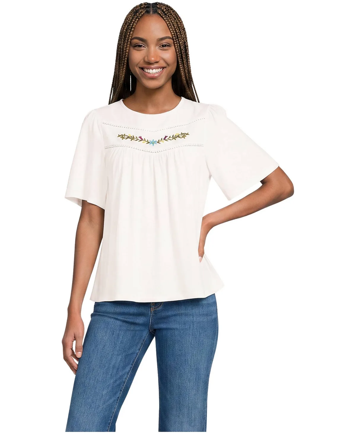 Elbow-Sleeve Slub Jersey Embroidered Pintuck Blouse