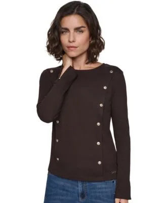 Paris Button Front Long Sleeve Crewneck Sweater by Karl Lagerfeld