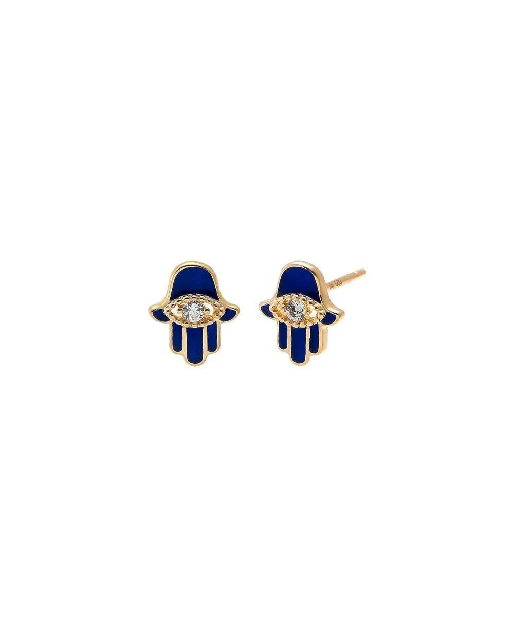 Cubic Zirconia 14K Gold Hamsa Stud Earrings by By Adina Eden