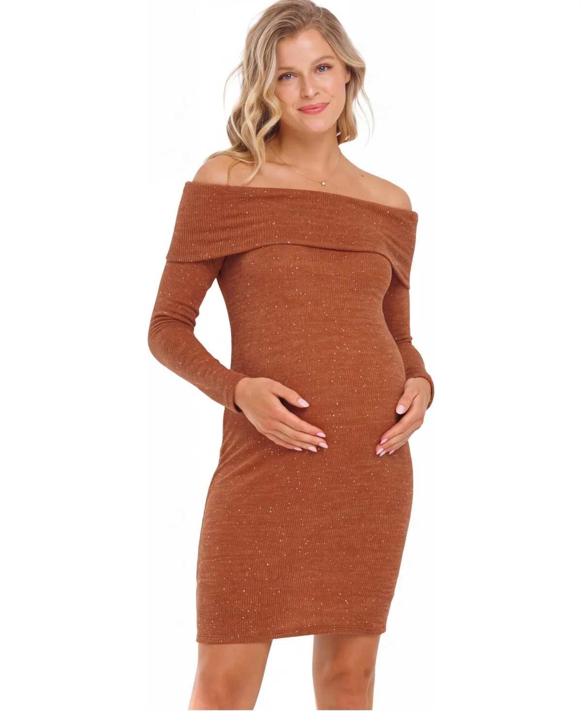Maternity Off-the-Shoulder Sequin-Glitter Long-Sleeve Mini Dress by Hello Miz