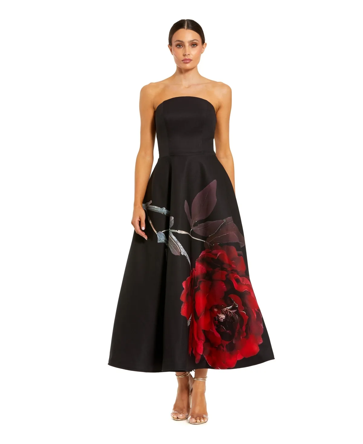 Strapless Crepe Floral Print A-Line Midi Dress with Pockets by M.A.C.