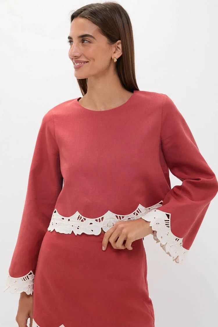 Red Eyelet Trim Cotton Linen Maxine Top by Tuckernuck
