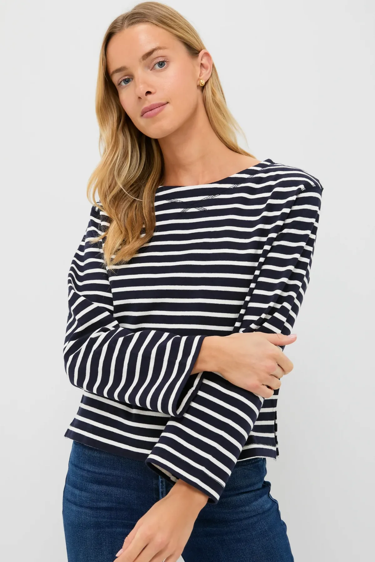 Navy and White Boat Neck Long Sleeve Shirt by Alex Mill